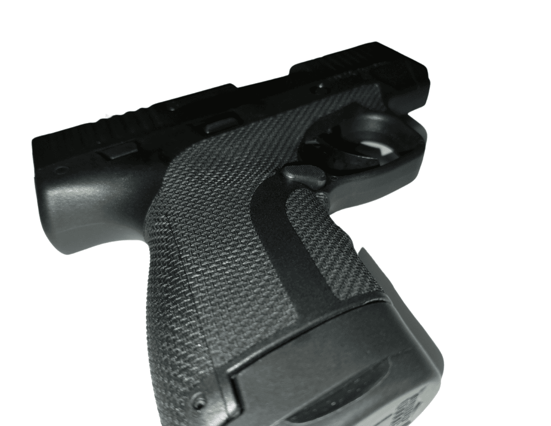 Custom laser texture applied to handle grip of Honor Defense firearm