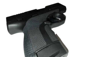 Custom laser texture applied to handle grip of Honor Defense firearm