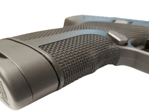 Honor Defense handle grip showing custom texture applied for parting lines