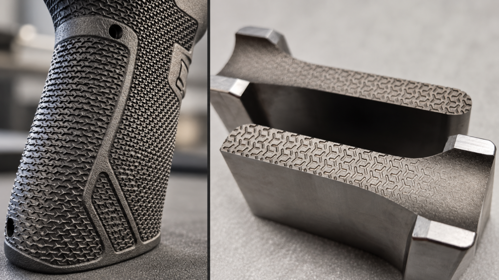 Firearm grip texture beside mold tooling showing a gradual texture fade.